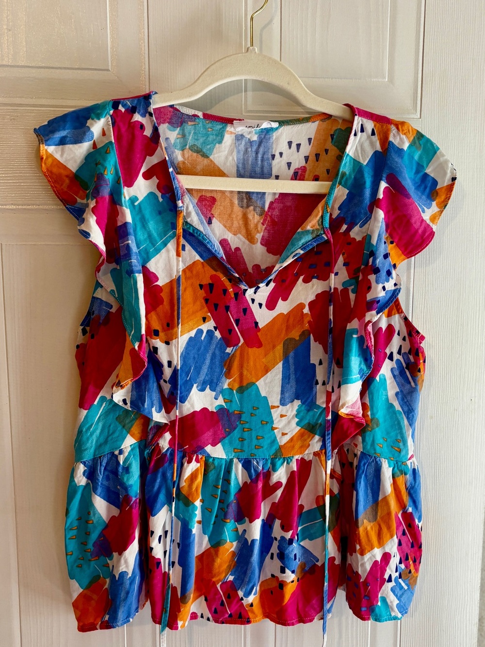 Emily Wonder Medium Colorful Abstract Ruffle Peplum Blouse